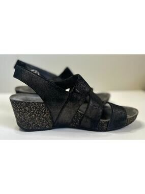 DANKSO Stacey Metallic Black Banded Wedge Cork Sole Sandal Size 38